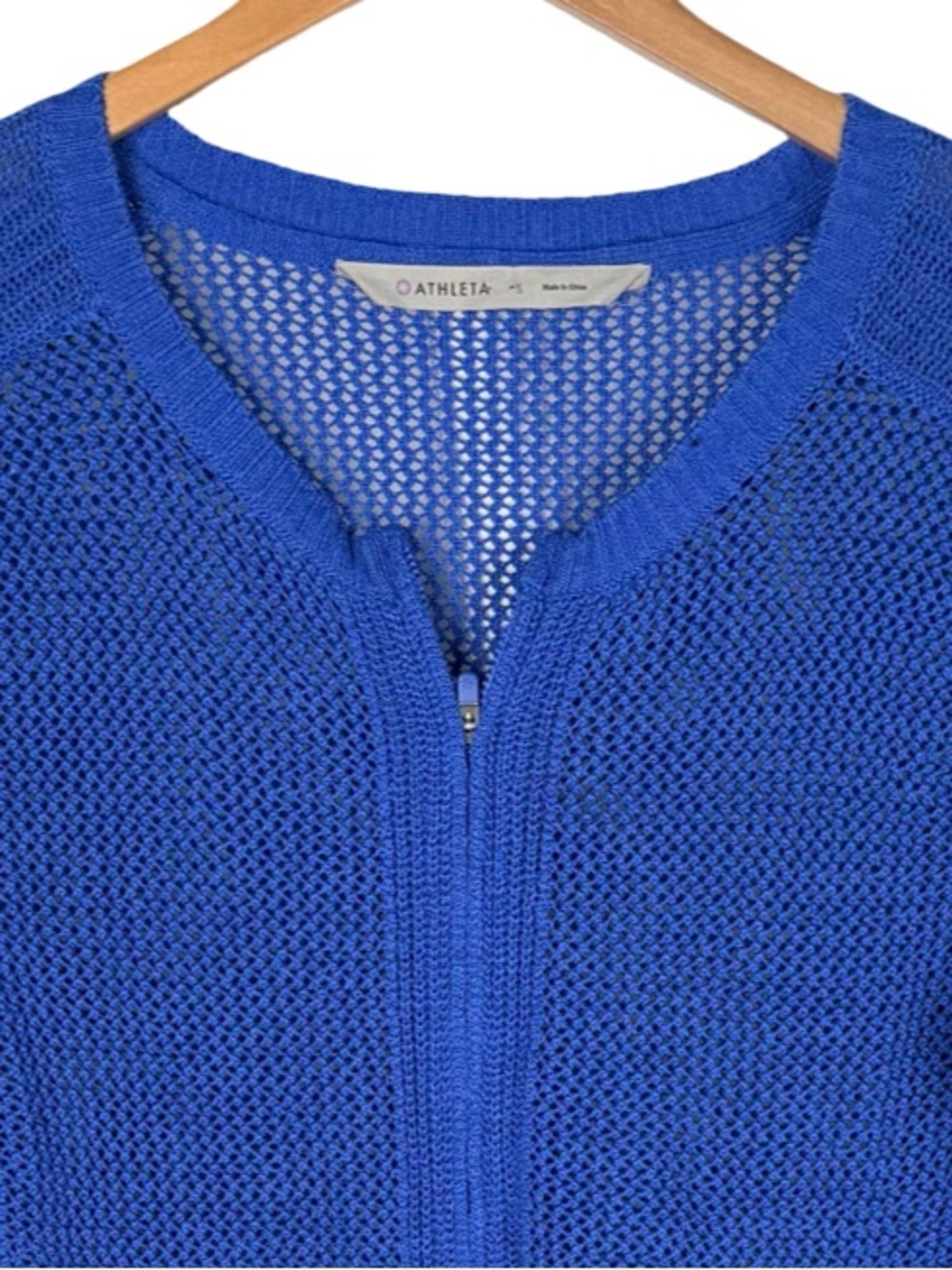 Athleta Caspian Blue Sweater Zip Open Knit Cardigan S Tennis Preppy Resortwear - Picture 3 of 8